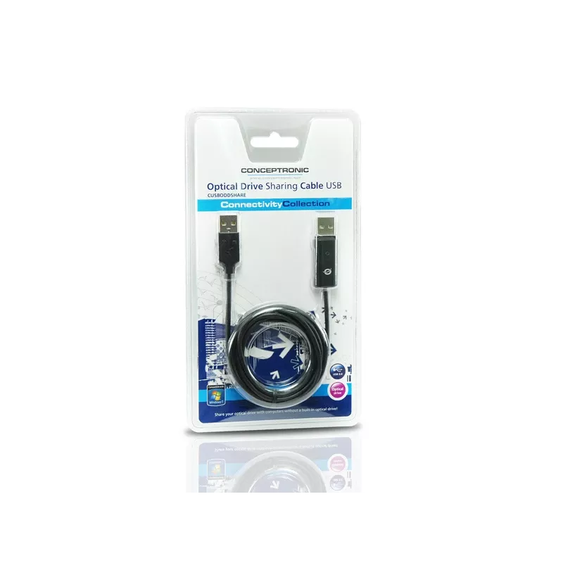 Cable de compartición de unidad óptica Conceptronic USB, 1,8 m, negro, USB A, USB A, macho/macho, 20 g