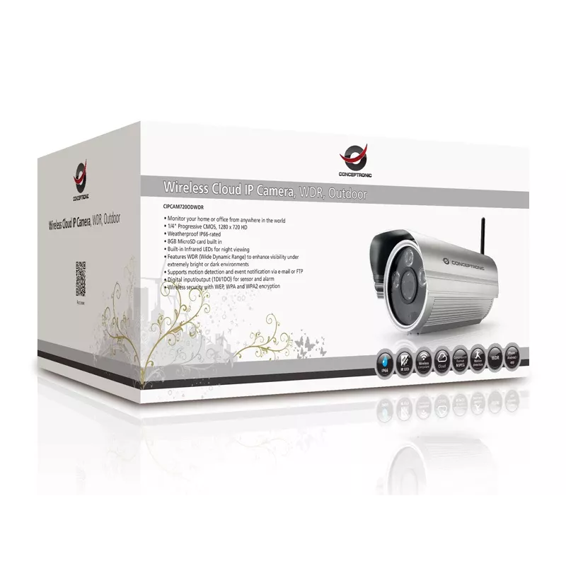 Conceptronic CIPCAM720ODWDR cámara IP inalámbrica en la nube, para exterior, tipo bala, 720p HD, WDR, IP66, IR hasta 50 m, microSD de 8 GB