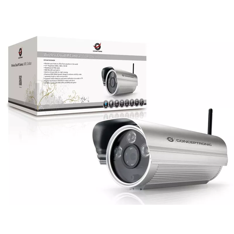 Conceptronic CIPCAM720ODWDR cámara IP inalámbrica en la nube, para exterior, tipo bala, 720p HD, WDR, IP66, IR hasta 50 m, microSD de 8 GB