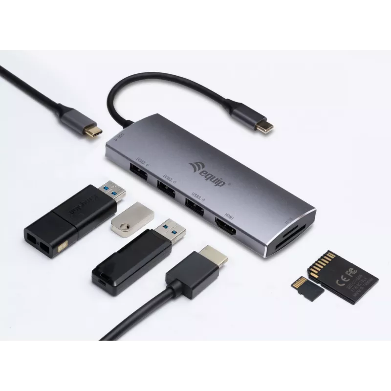 Equip 133482 adaptador multifunción USB-C 7 en 1, USB 3.2 Gen 1, HDMI 4K 30 Hz, 3x USB 3.0, SD/microSD, USB-C PD 100 W, aluminio