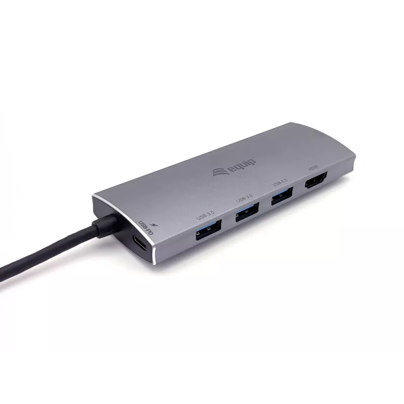 Equip 133482 adaptador multifunción USB-C 7 en 1, USB 3.2 Gen 1, HDMI 4K 30 Hz, 3x USB 3.0, SD/microSD, USB-C PD 100 W, aluminio