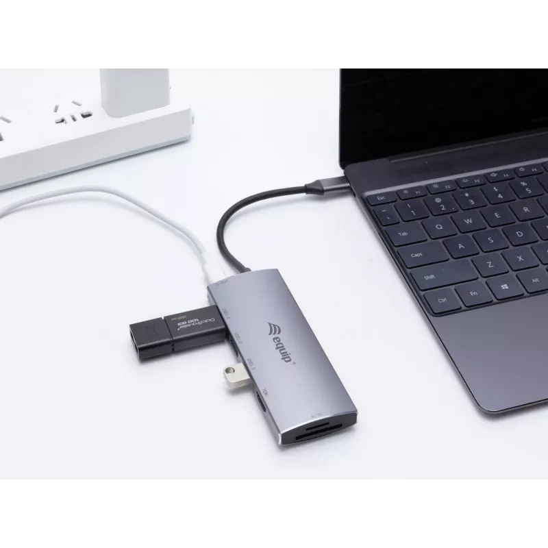 Equip 133482 adaptador multifunción USB-C 7 en 1, USB 3.2 Gen 1, HDMI 4K 30 Hz, 3x USB 3.0, SD/microSD, USB-C PD 100 W, aluminio