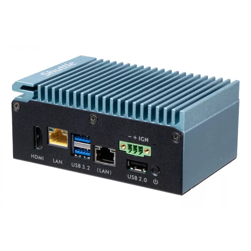 Shuttle Edge PC SPCEL02, Intel Celeron J6412, 1x HDMI, 2x 2.5G LAN, 1x COM, DIO (4x in, 4x out), 3x USB, 2x M.2, 12-24V, funcionamiento continuo 24/7, sin ventilador, incl. soporte VESA y para carril DIN