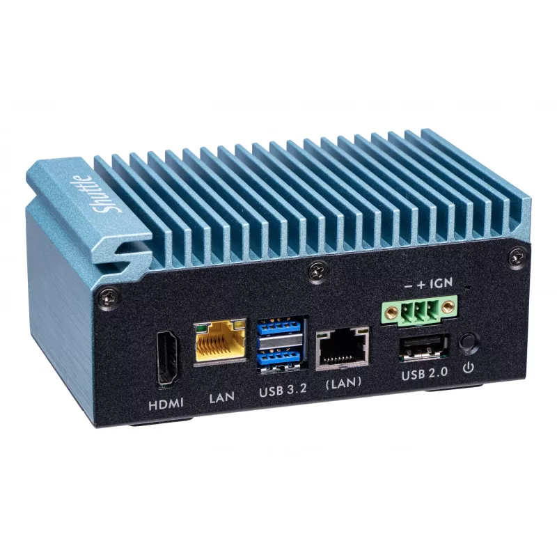 Shuttle Edge PC SPCEL02, Intel Celeron J6412, 1x HDMI, 2x 2.5G LAN, 1x COM, DIO (4x in, 4x out), 3x USB, 2x M.2, 12-24V, funcionamiento continuo 24/7, sin ventilador, incl. soporte VESA y para carril DIN