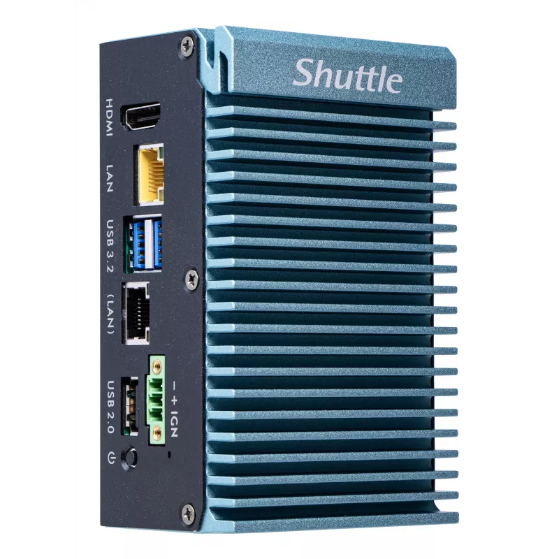 Shuttle Edge PC SPCEL02, Intel Celeron J6412, 1x HDMI, 2x 2.5G LAN, 1x COM, DIO (4x in, 4x out), 3x USB, 2x M.2, 12-24V, funcionamiento continuo 24/7, sin ventilador, incl. soporte VESA y para carril DIN