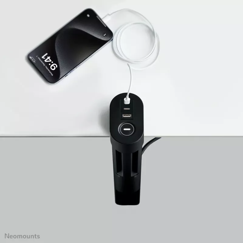 Neomounts DS22-840BL6 Regleta de escritorio con pinza y conexiones USB-C y USB-A – carga rápida