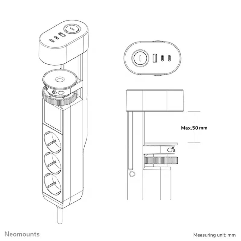 Neomounts DS22-840WH6 Regleta de escritorio con pinza y conexiones USB-C y USB-A – carga rápida