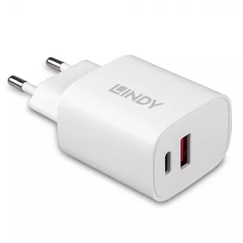 Cargador de interior Lindy 73413 — universal AC 100–240 V, salida 12 V 3 A, USB-A + USB-C, blanco
