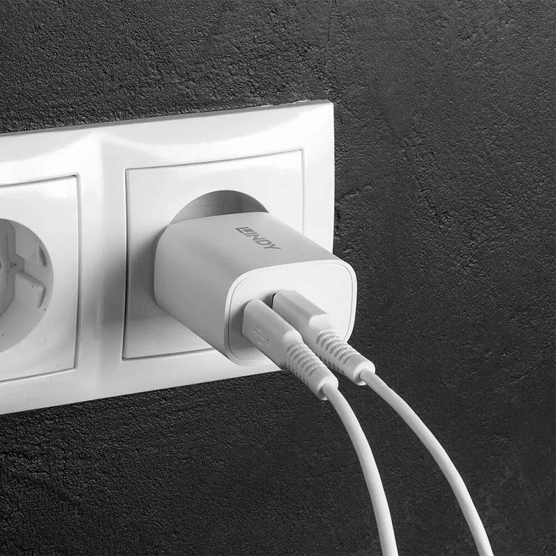 Lindy 73413 cargador USB-A y USB-C, 20 W, Power Delivery, 100–240 V, blanco