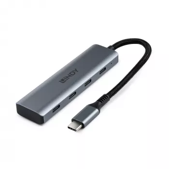 Hub Lindy de 4 puertos USB 3.2 Gen 2 Type-C, USB 3.2 Gen 2 (3.1 Gen 2) Type-C, USB 3.2 Gen 2 (3.1 Gen 2) Type-C, 10000 Mbit/s, gris, aluminio, plástico, cable redondo