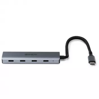 Hub Lindy de 4 puertos USB 3.2 Gen 2 Type-C, USB 3.2 Gen 2 (3.1 Gen 2) Type-C, USB 3.2 Gen 2 (3.1 Gen 2) Type-C, 10000 Mbit/s, gris, aluminio, plástico, cable redondo