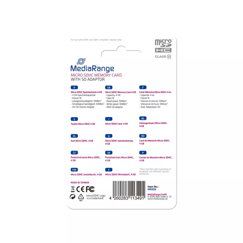 Tarjeta de memoria MediaRange 4 GB MicroSDHC Class 10 MR956
