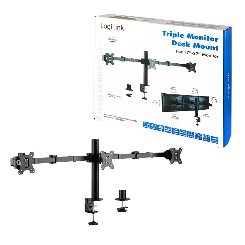 LogiLink BP0107 soporte de escritorio para tres monitores, 17-27 pulgadas, 7 kg por brazo, VESA 75x75/100x100, acero, negro