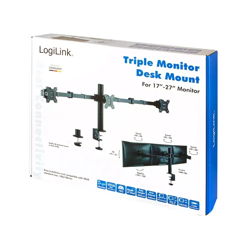 LogiLink BP0107 soporte de escritorio para tres monitores, 17-27 pulgadas, 7 kg por brazo, VESA 75x75/100x100, acero, negro