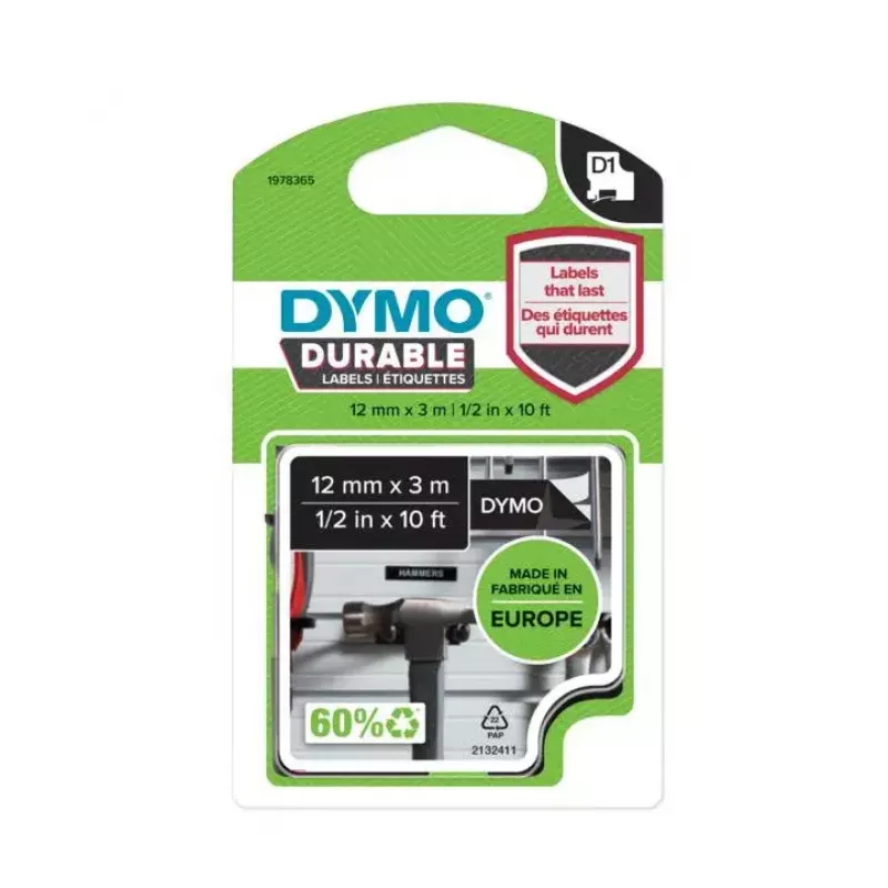 DYMO Authentic D1 Durable etiquetas | impresión blanca sobre cinta negra | 12 mm x 3 m | cinta de etiquetado para impresoras de etiquetas LabelManager