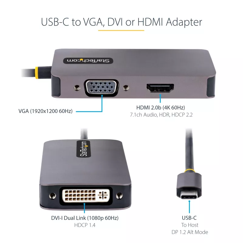 Adaptador de vídeo USB-C StarTech.com, adaptador USB-C a HDMI DVI VGA, hasta 4K 60Hz, aluminio, adaptador de pantalla de vídeo multipuerto, compatible con Thunderbolt 3/4, adaptador de viaje USB Type-C
