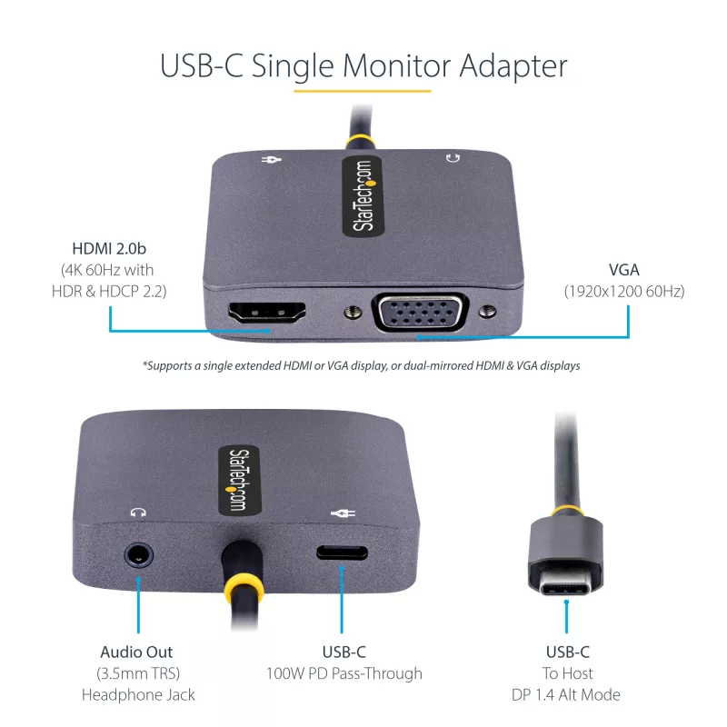 Adaptador de vídeo USB-C StarTech.com, adaptador multipuerto USB-C a HDMI VGA, audio de 3,5 mm, 4K 60Hz HDR, 100W PD Pass-Through, compatible con Thunderbolt 3/4 – adaptador de pantalla USB-C de viaje