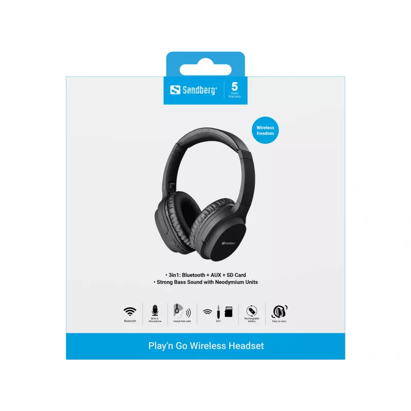 Sandberg 126-37 Play'n Go auriculares Bluetooth con micrófono, plegables, con cable e inalámbricos, 3,5 mm, 20 Hz - 20 kHz, 230 g, negros