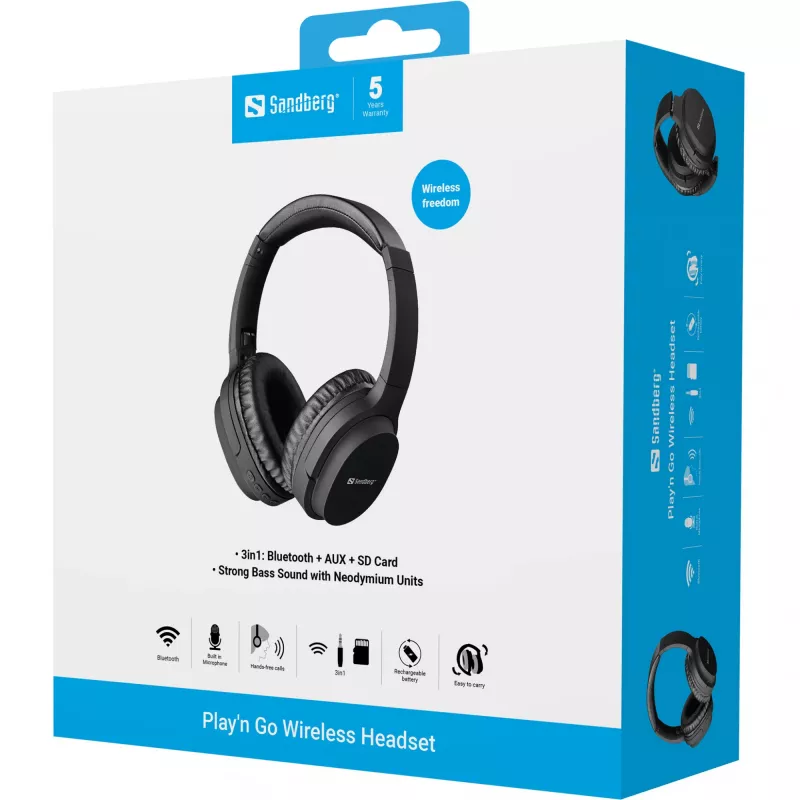 Sandberg 126-37 Play'n Go auriculares Bluetooth con micrófono, plegables, con cable e inalámbricos, 3,5 mm, 20 Hz - 20 kHz, 230 g, negros