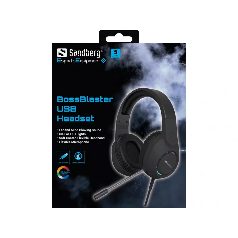 Headset SANDBERG BossBlaster USB — headset gaming con cable, 20–20000 Hz, cable de 2 m, 240 g, negro