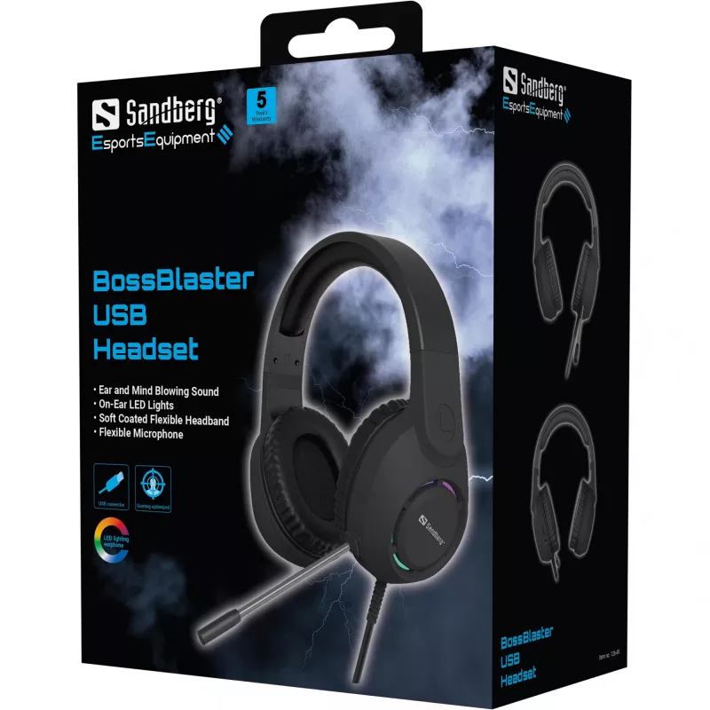 Headset SANDBERG BossBlaster USB — headset gaming con cable, 20–20000 Hz, cable de 2 m, 240 g, negro