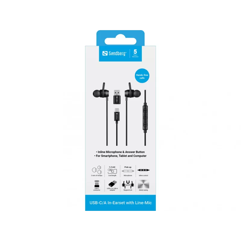 Headset Sandberg USB-C/A in-ear con micrófono en línea