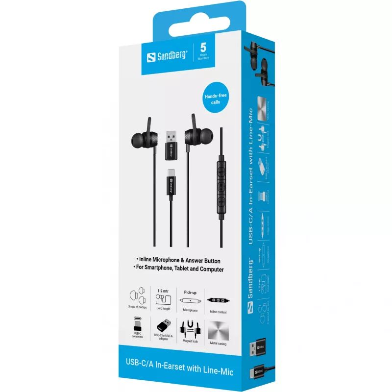 Headset Sandberg USB-C/A in-ear con micrófono en línea