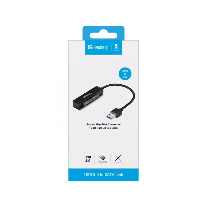 Enlace USB 3.0 a SATA Sandberg, negro, 5 Gbit/s, 20 g, 77 mm, 18 mm, 193 mm