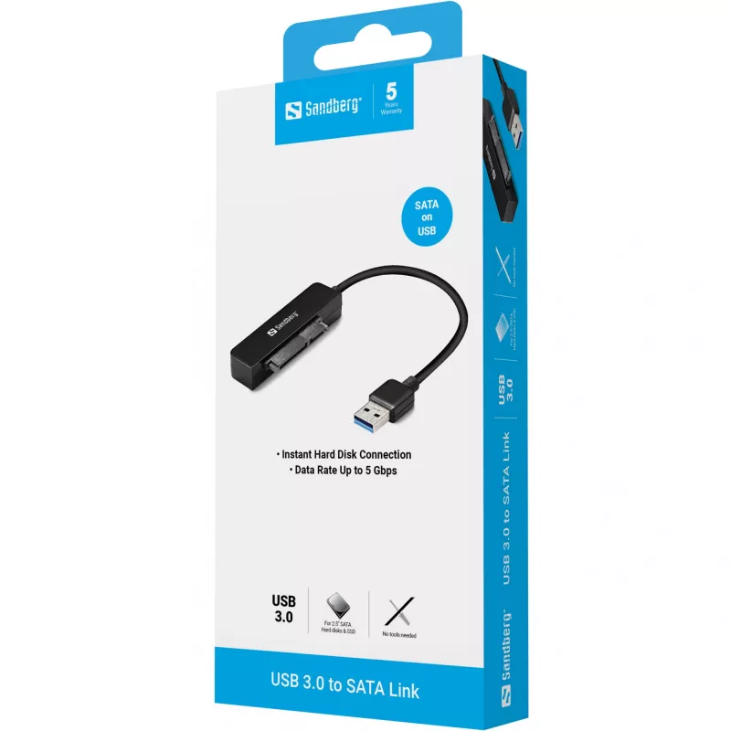 Enlace USB 3.0 a SATA Sandberg, negro, 5 Gbit/s, 20 g, 77 mm, 18 mm, 193 mm