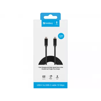 Cable USB-C a USB-C Sandberg 2M USB 3.1 Gen.2, 2 m, USB C, USB C, USB 3.2 Gen 2 (3.1 Gen 2), conector macho/conector macho, negro