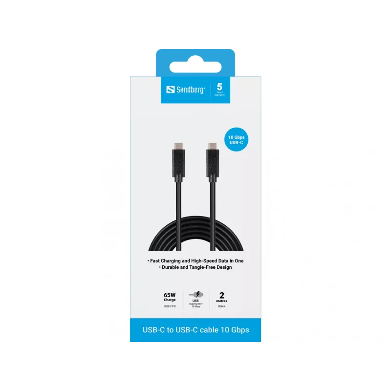 Cable USB-C a USB-C Sandberg 2M USB 3.1 Gen.2, 2 m, USB C, USB C, USB 3.2 Gen 2 (3.1 Gen 2), conector macho/conector macho, negro