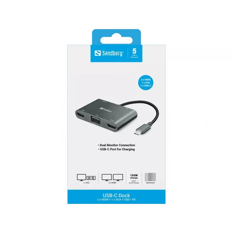 Dock USB-C Sandberg 2xHDMI+1xVGA+USB+PD
