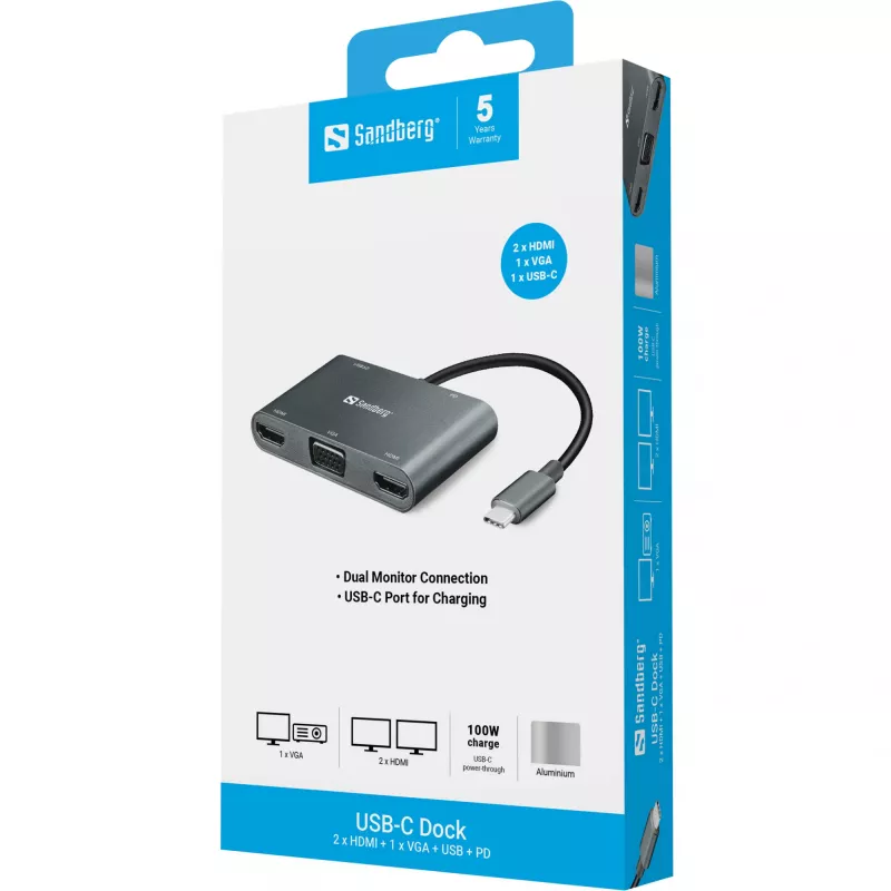 Dock USB-C Sandberg 2xHDMI+1xVGA+USB+PD