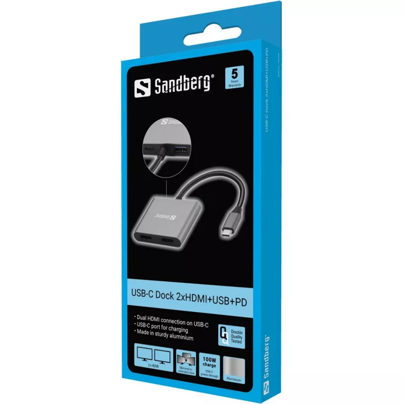 Dock USB-C Sandberg 2xHDMI+USB+PD resolución máxima 3840x2160
