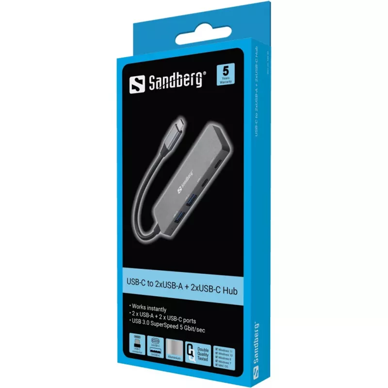 Hub USB-C a 2xUSB-A + 2xUSB-C Sandberg gris aluminio