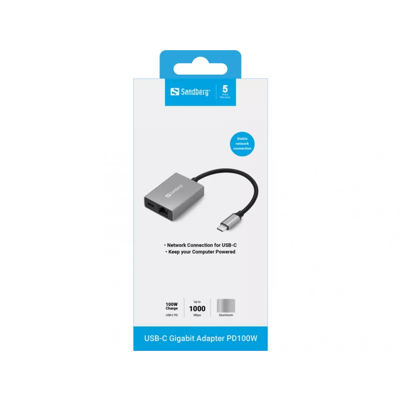 Adaptador Gigabit USB-C Sandberg PD100W USB Type-C RJ-45 1 Gbit/s gris