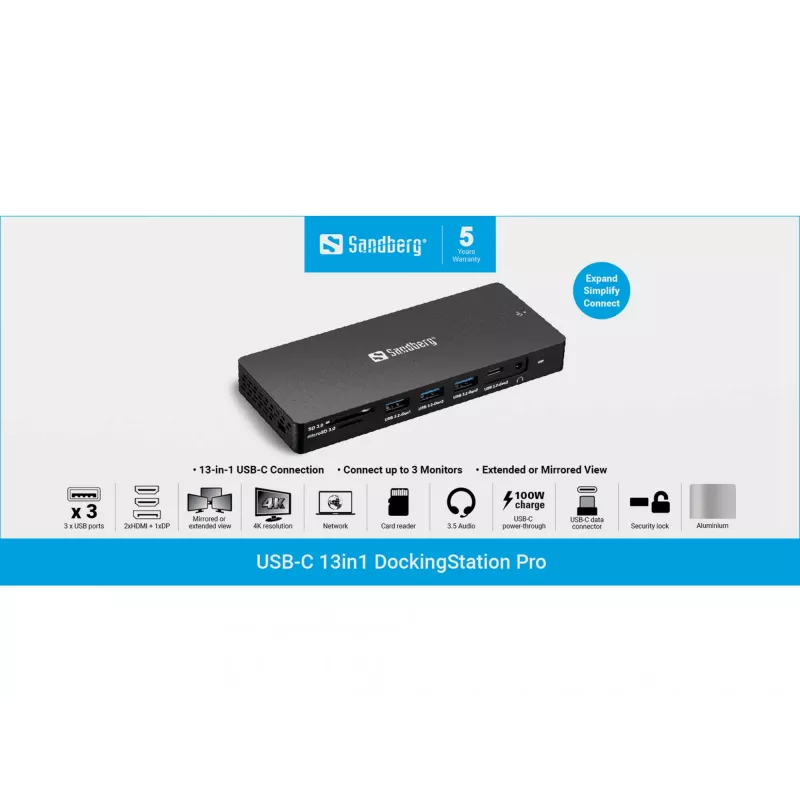 Estación de acoplamiento Sandberg USB-C 13en1 Pro con cable USB 3.2 Gen 1 Type-C