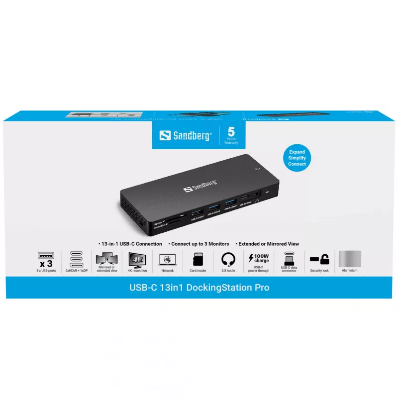 Estación de acoplamiento Sandberg USB-C 13en1 Pro con cable USB 3.2 Gen 1 Type-C