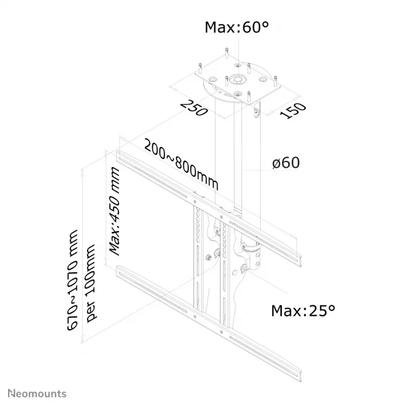 Neomounts PLASMA-C100 soporte de techo para TV, 37–75 pulgadas, full-motion, altura regulable, inclinable, plateado