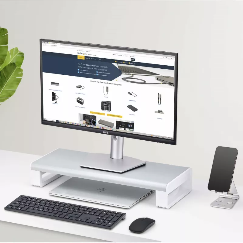 StarTech.com Soporte ergonómico para monitor, hasta 15 kg, altura fija 9 cm, soporte para monitor de sobremesa/portátil, plataforma de acero, montaje rápido, optimiza la superficie del escritorio