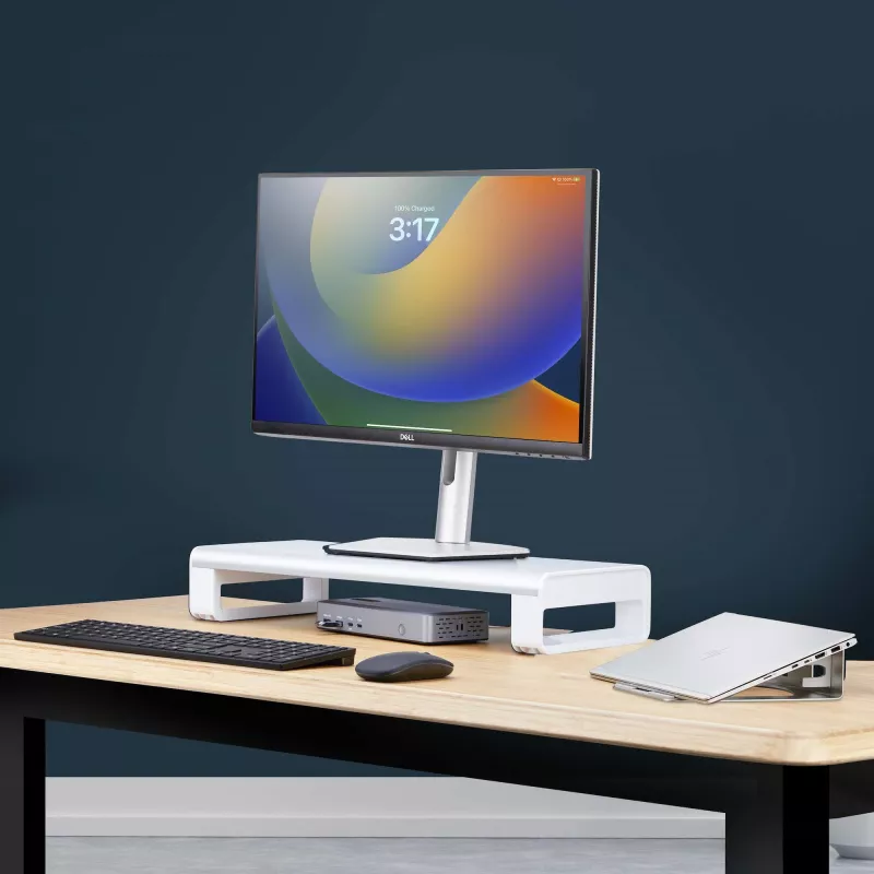 StarTech.com Soporte ergonómico para monitor, hasta 15 kg, altura fija 9 cm, soporte para monitor de sobremesa/portátil, plataforma de acero, montaje rápido, optimiza la superficie del escritorio