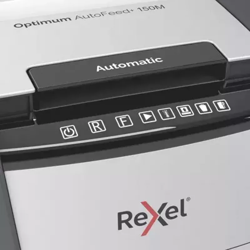 Rexel Optimum AutoFeed+ 150M trituradora de papel, corte micro 2 x 15 mm, P-5, 150 hojas, cubo de 44 l