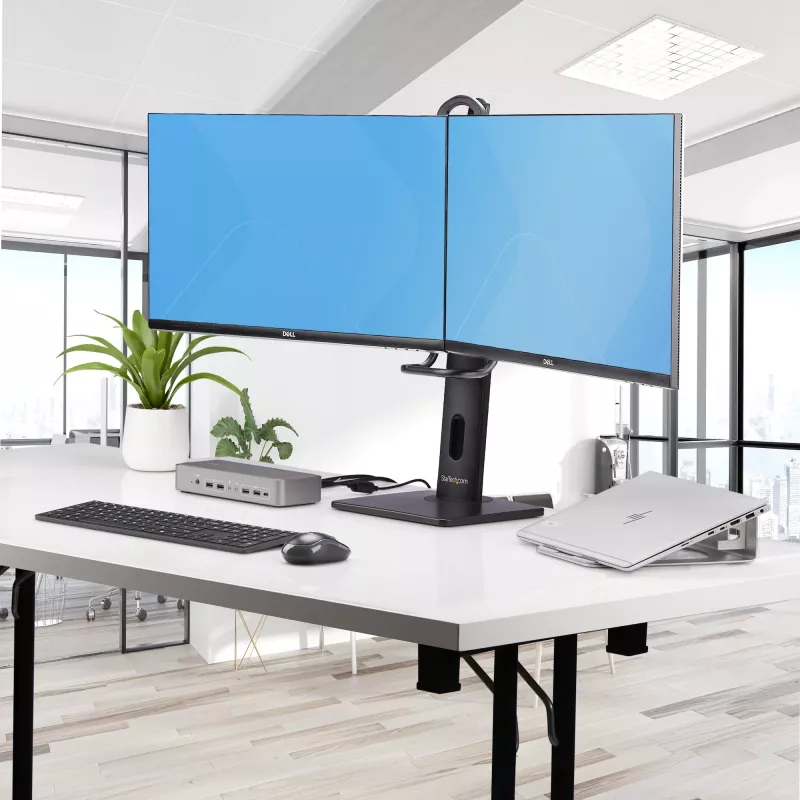 StarTech.com 2MC1S-MONITOR-STAND Crossbar soporte de escritorio para dos monitores 17–27 pulgadas, VESA, plástico/aluminio/acero, negro