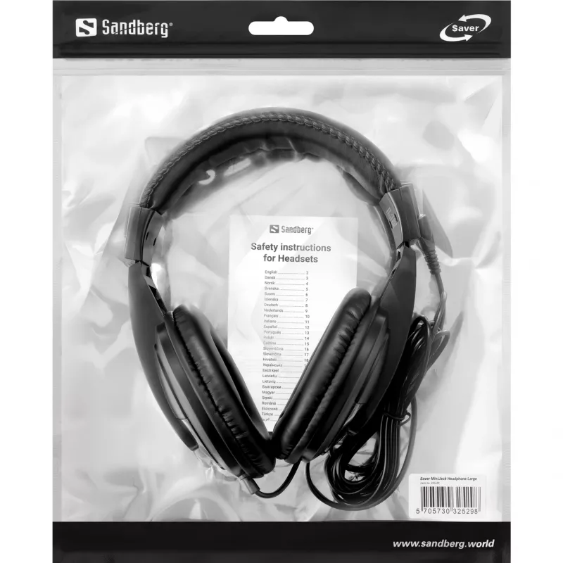 Auriculares Sandberg Saver MiniJack Headphone Large, con cable, llamadas/música, 20 - 20000 Hz, 270 g, auriculares, negro