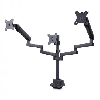 StarTech.com Soporte de escritorio para triple monitor para hasta tres pantallas de 27 pulgadas, VESA 75x75/100x100, ajuste de brazos sin herramientas, montaje con pinza C/pasacables, brazos asistidos por resorte