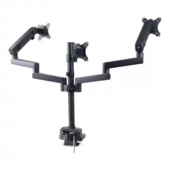 StarTech.com Soporte de escritorio para triple monitor para hasta tres pantallas de 27 pulgadas, VESA 75x75/100x100, ajuste de brazos sin herramientas, montaje con pinza C/pasacables, brazos asistidos por resorte
