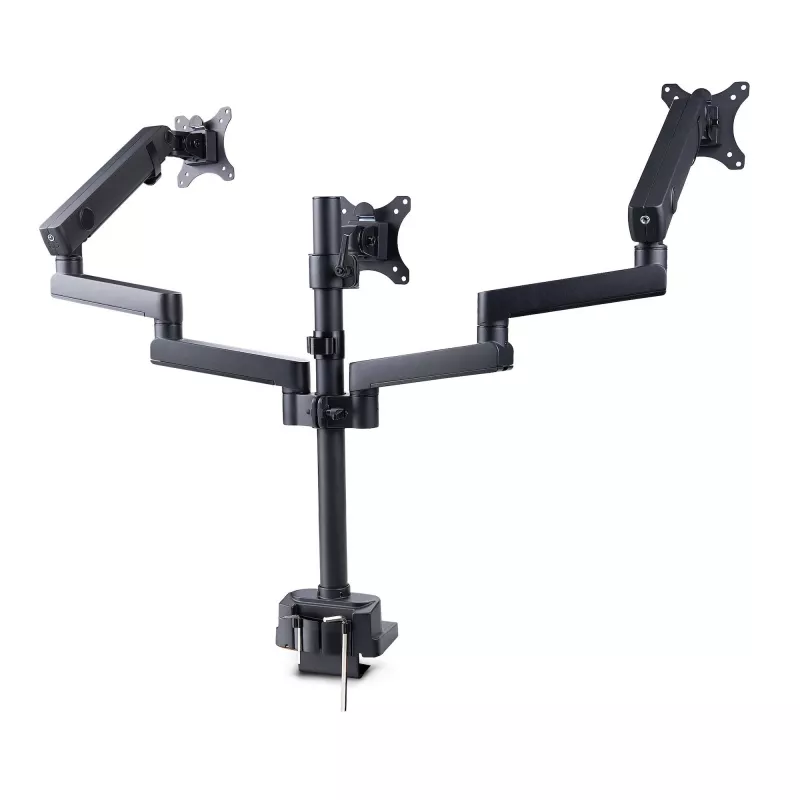 StarTech.com Soporte de escritorio para triple monitor para hasta tres pantallas de 27 pulgadas, VESA 75x75/100x100, ajuste de brazos sin herramientas, montaje con pinza C/pasacables, brazos asistidos por resorte