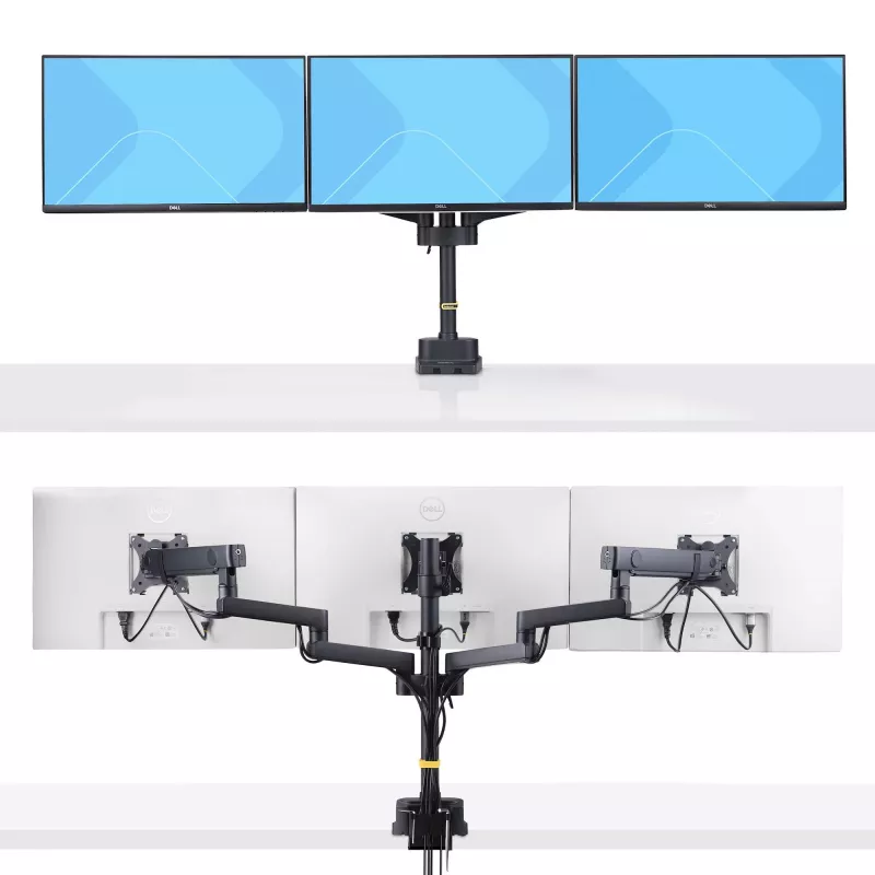 StarTech.com Soporte de escritorio para triple monitor para hasta tres pantallas de 27 pulgadas, VESA 75x75/100x100, ajuste de brazos sin herramientas, montaje con pinza C/pasacables, brazos asistidos por resorte