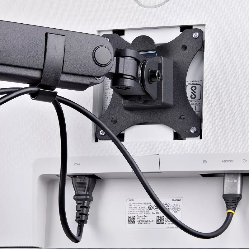 StarTech.com Soporte de escritorio para triple monitor para hasta tres pantallas de 27 pulgadas, VESA 75x75/100x100, ajuste de brazos sin herramientas, montaje con pinza C/pasacables, brazos asistidos por resorte