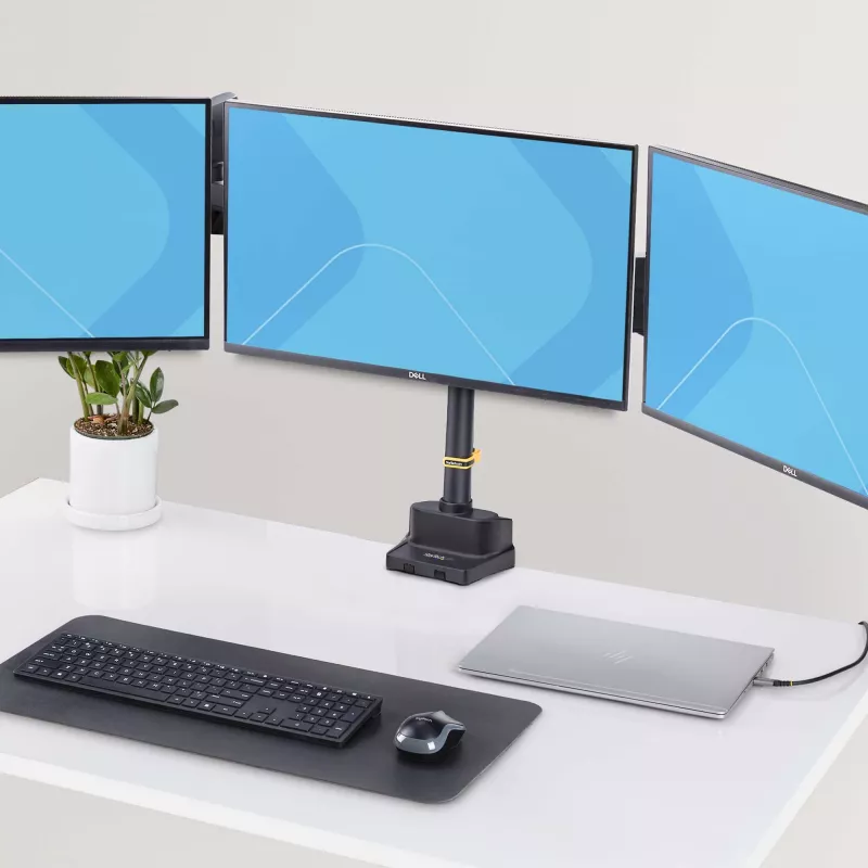 StarTech.com Soporte de escritorio para triple monitor para hasta tres pantallas de 27 pulgadas, VESA 75x75/100x100, ajuste de brazos sin herramientas, montaje con pinza C/pasacables, brazos asistidos por resorte